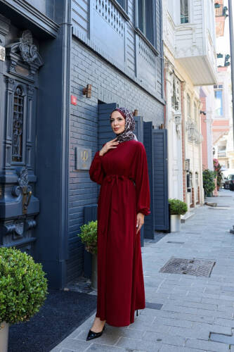 Balon kol lastikli standart elbise Bordo - 9021 - 3