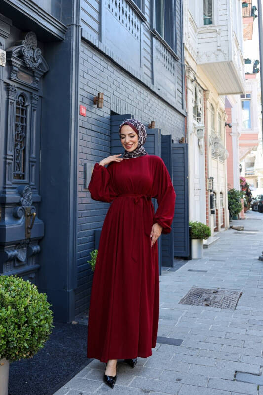 Balon kol lastikli standart elbise Bordo - 9021 - 7