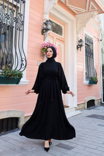 Balon kol lastikli standart elbise Siyah - 9021 