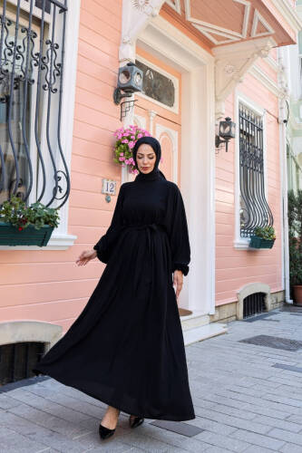 Balon kol lastikli standart elbise Siyah - 9021 - 5