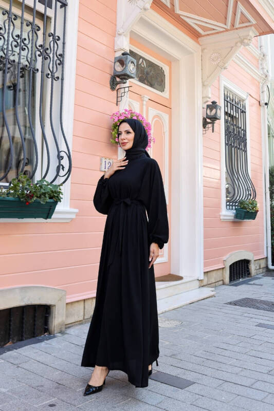 Balon kol lastikli standart elbise Siyah - 9021 - 7