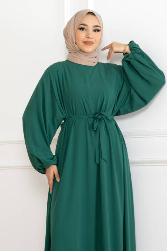 Balon kol lastikli standart elbise Yeşil- 9021 - 6