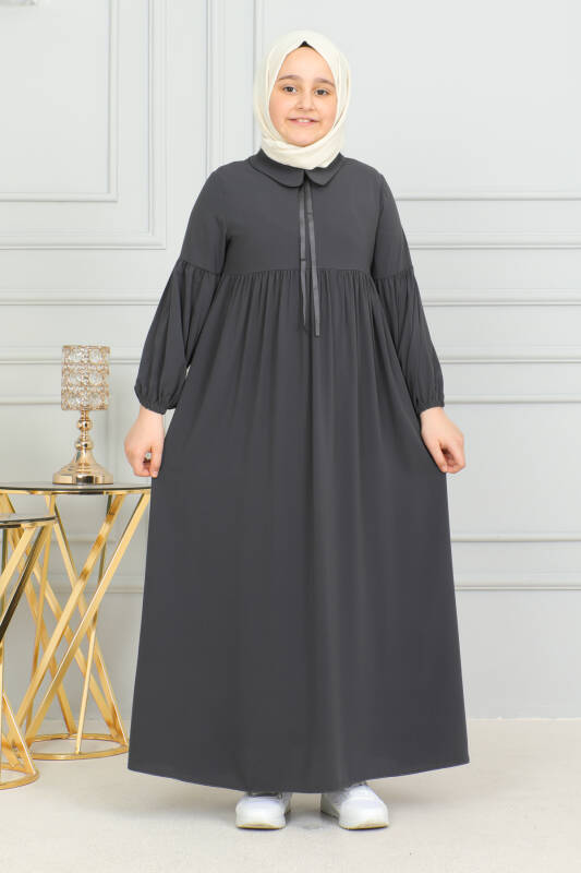 Bebe Yaka Büzgülü Çocuk Elbise Füme - 4006 - 2