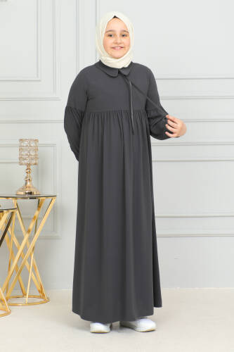 Bebe Yaka Büzgülü Çocuk Elbise Füme - 4006 - 3