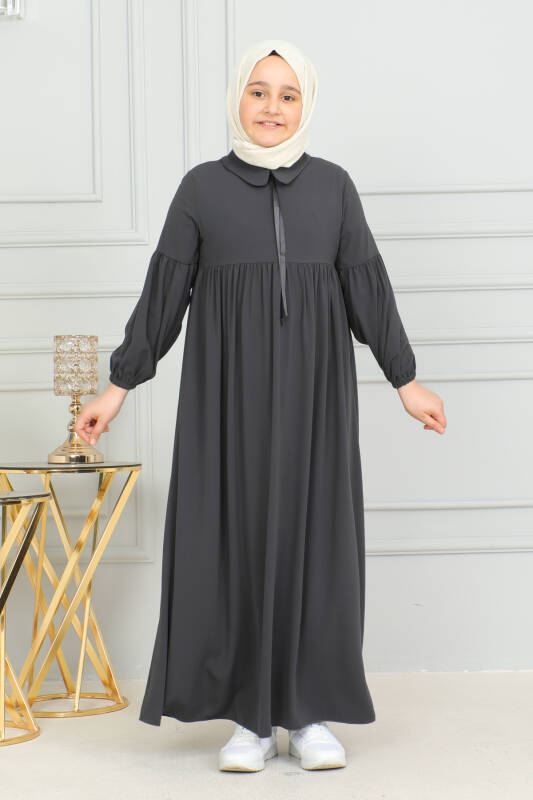 Bebe Yaka Büzgülü Çocuk Elbise Füme - 4006 - 4