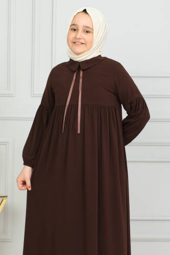 Bebe Yaka Büzgülü Çocuk Elbise Kahverengi-4006 - 10