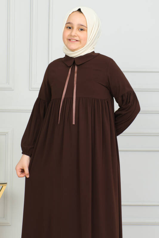 Bebe Yaka Büzgülü Çocuk Elbise Kahverengi-4006 - 10