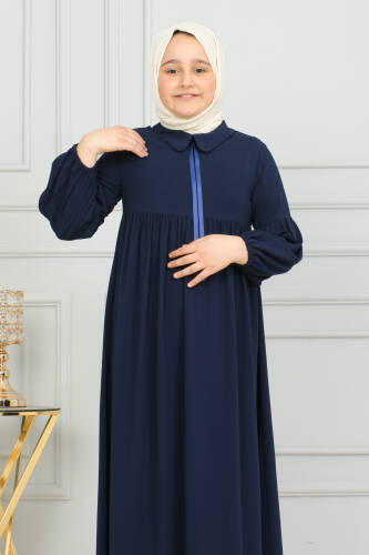Bebe Yaka Büzgülü Çocuk Elbise Lacivert - 4006 - 9