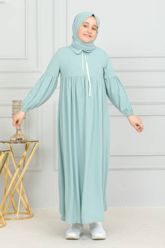 Bebe Yaka Büzgülü Çocuk Elbise Mint Yeşili - 4006 