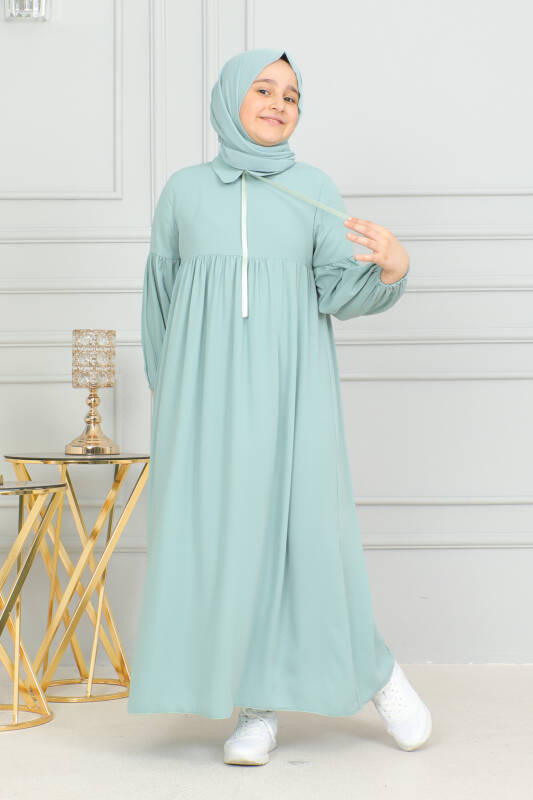 Bebe Yaka Büzgülü Çocuk Elbise Mint Yeşili - 4006 - 5