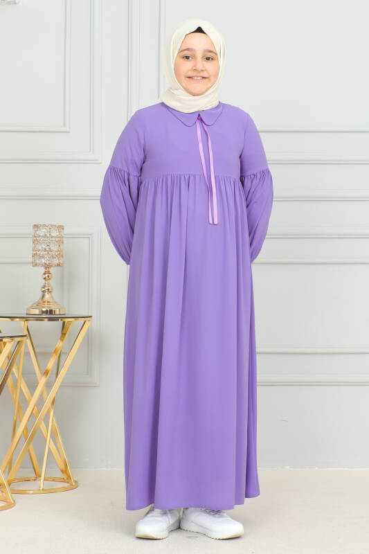 Bebe Yaka Büzgülü Çocuk Elbise Mor - 4006 - 5