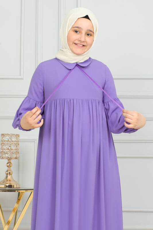 Bebe Yaka Büzgülü Çocuk Elbise Mor - 4006 - 8