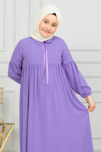 Bebe Yaka Büzgülü Çocuk Elbise Mor - 4006 - 9