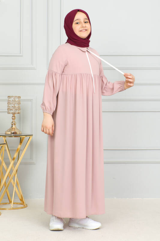 Bebe Yaka Büzgülü Çocuk Elbise Pudra- 4006 - 1