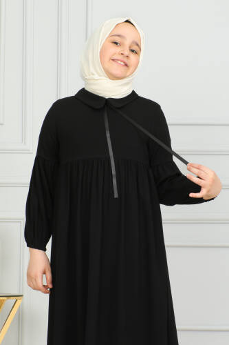 Bebe Yaka Büzgülü Çocuk Elbise Siyah-4006 - 8