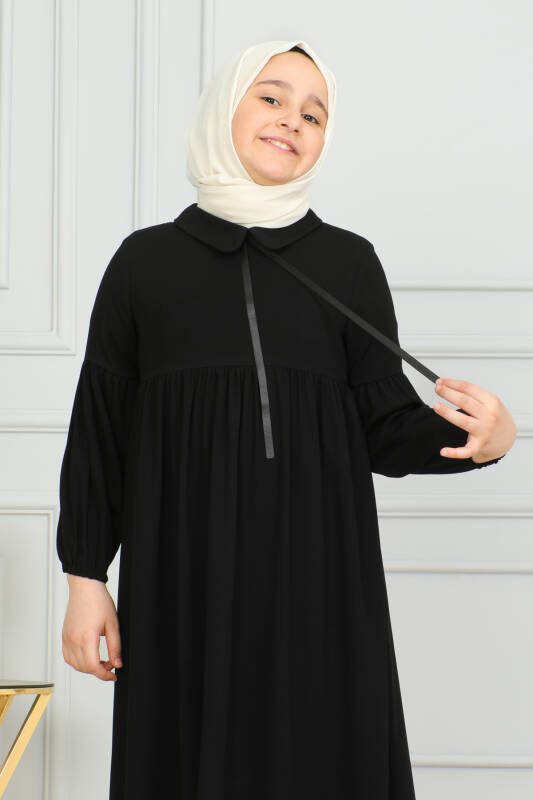 Bebe Yaka Büzgülü Çocuk Elbise Siyah-4006 - 8