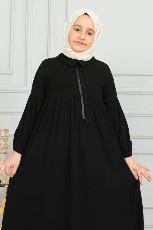 Bebe Yaka Büzgülü Çocuk Elbise Siyah-4006 - 10