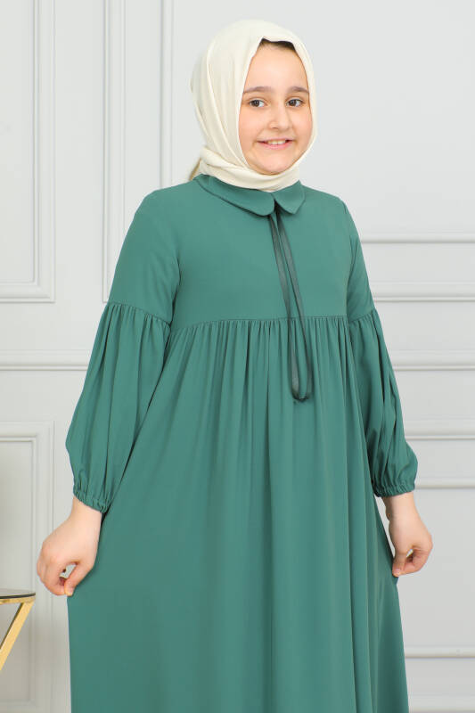 Bebe Yaka Büzgülü Çocuk Elbise Yeşil - 4006 - 4