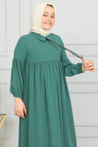 Bebe Yaka Büzgülü Çocuk Elbise Yeşil - 4006 - 9