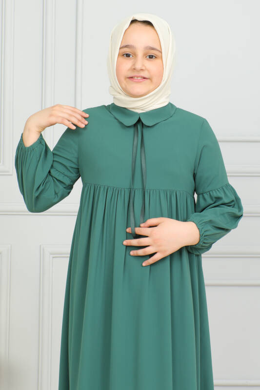 Bebe Yaka Büzgülü Çocuk Elbise Yeşil - 4006 - 10