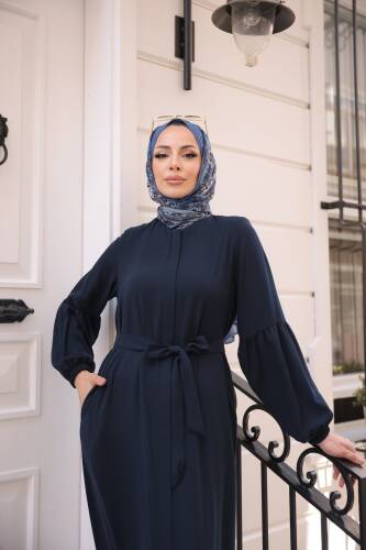 Eteği Fırfırlı Krep Kumaş Ferace Lacivert- 2115 - 5