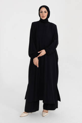 Mercan Tunik Pantolon Takım Viskon Yıldız Kumaş Siyah- 422607 - Kadeem Giyim