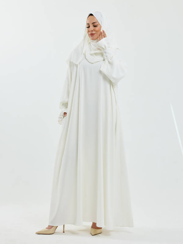 Meryem Şal Hediyeli Dubai Abaya Beyaz - 1016 - 4