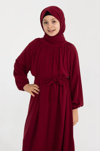 Reglan Kol Büzgülü Çocuk Elbise- Bordo - Kadeem Giyim (1)