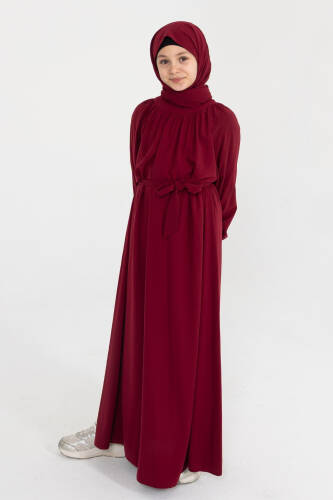 Reglan Kol Büzgülü Çocuk Elbise- Bordo - Kadeem Giyim