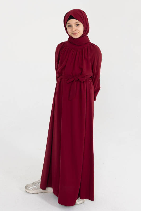 Reglan Kol Büzgülü Çocuk Elbise- Bordo - 1