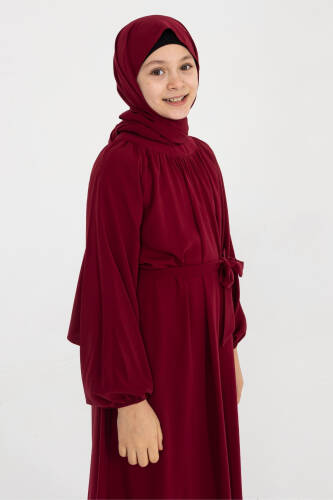 Reglan Kol Büzgülü Çocuk Elbise- Bordo - 3