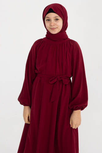 Reglan Kol Büzgülü Çocuk Elbise- Bordo - 5