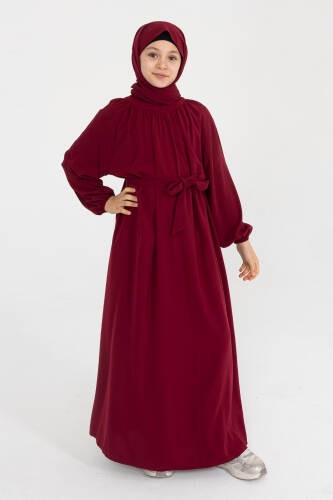 Reglan Kol Büzgülü Çocuk Elbise- Bordo - 6