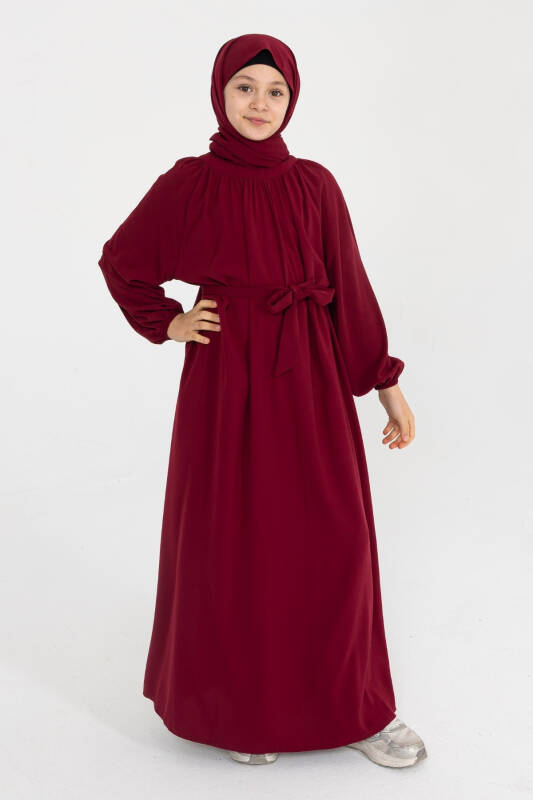 Reglan Kol Büzgülü Çocuk Elbise- Bordo - 6
