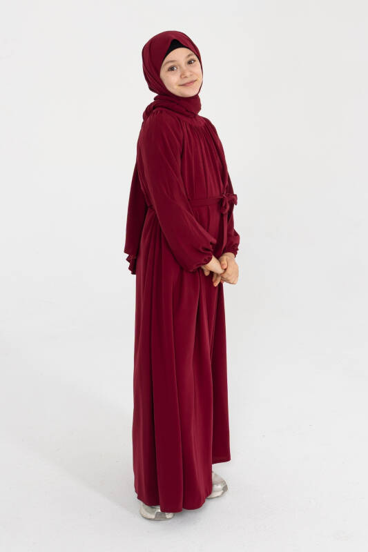Reglan Kol Büzgülü Çocuk Elbise- Bordo - 7