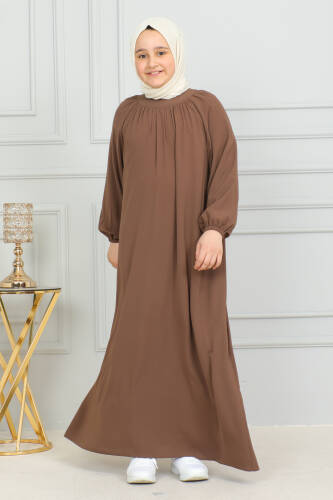 Reglan Kol Büzgülü Çocuk Elbise Camel - 4004 - 4