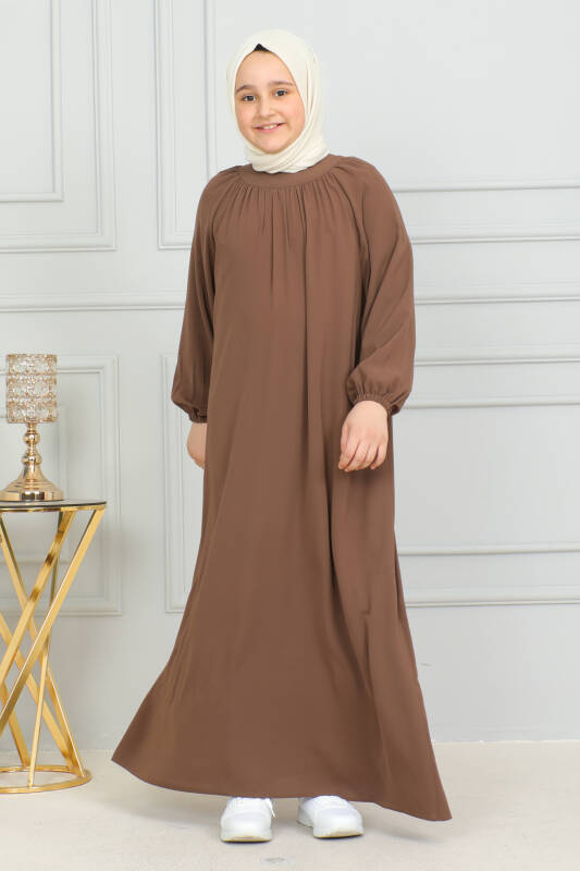 Reglan Kol Büzgülü Çocuk Elbise Camel - 4004 - 4