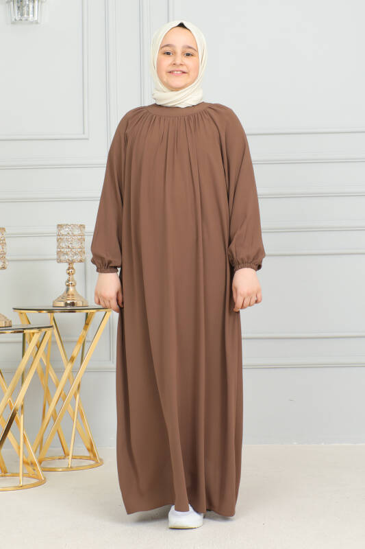 Reglan Kol Büzgülü Çocuk Elbise Camel - 4004 - 5