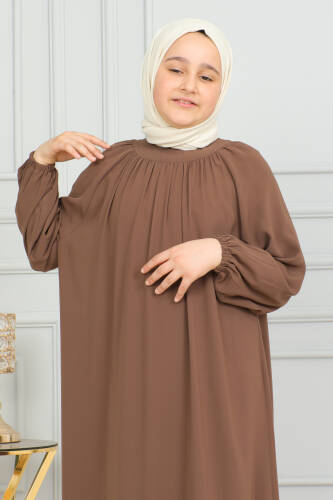 Reglan Kol Büzgülü Çocuk Elbise Camel - 4004 - 7