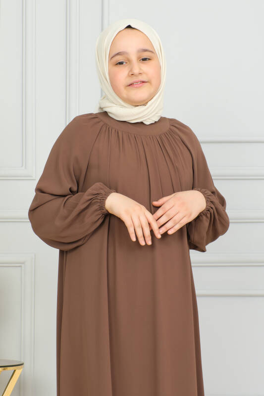 Reglan Kol Büzgülü Çocuk Elbise Camel - 4004 - 8