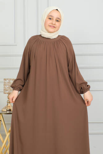 Reglan Kol Büzgülü Çocuk Elbise Camel - 4004 - 9