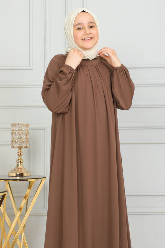Reglan Kol Büzgülü Çocuk Elbise Camel - 4004 - 10
