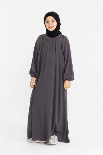 Reglan Kol Büzgülü Çocuk Elbise- füme - Kadeem Giyim