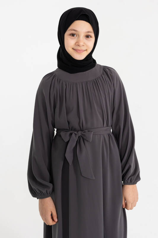 Reglan Kol Büzgülü Çocuk Elbise- füme - 3