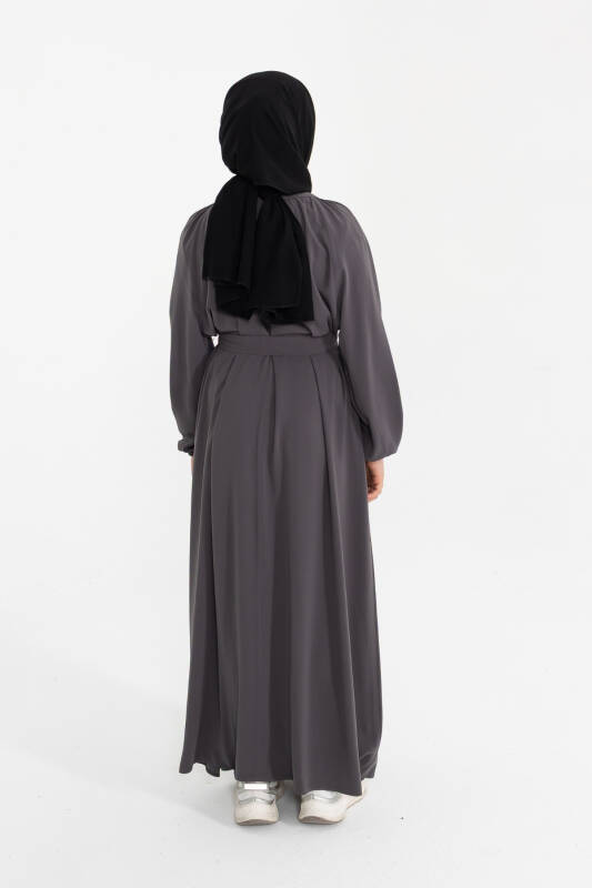 Reglan Kol Büzgülü Çocuk Elbise- füme - 4