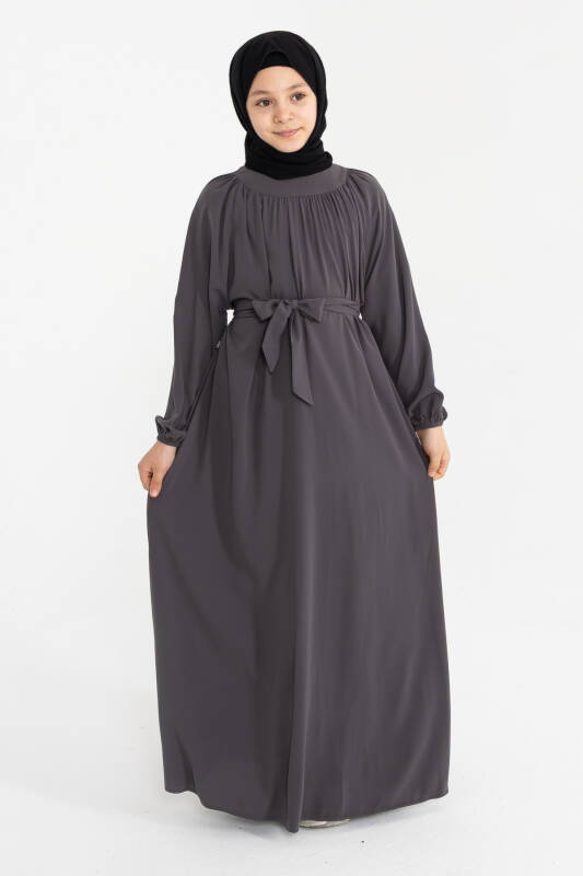 Reglan Kol Büzgülü Çocuk Elbise- füme - 5