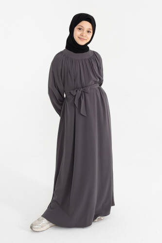 Reglan Kol Büzgülü Çocuk Elbise- füme - 6