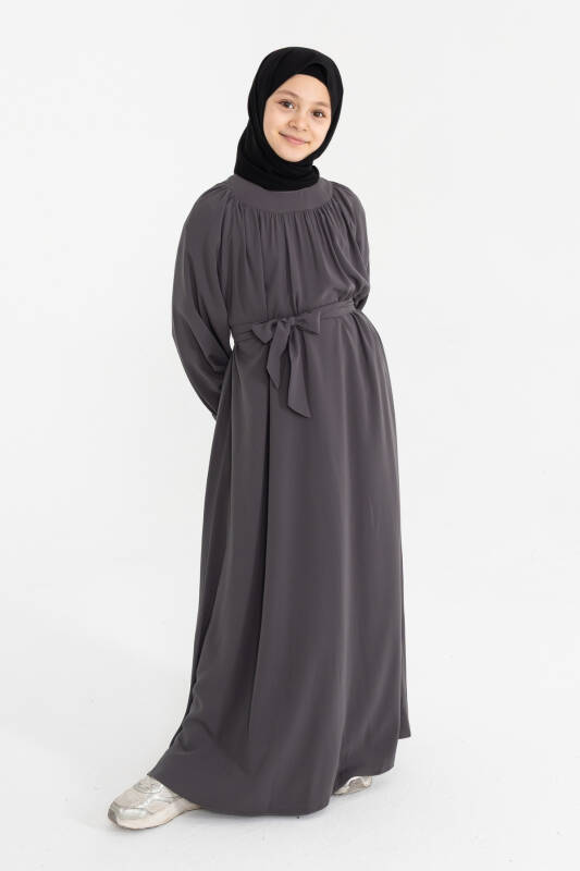 Reglan Kol Büzgülü Çocuk Elbise- füme - 6