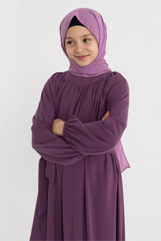 Reglan Kol Büzgülü Çocuk Elbise- gül kurusu - 4