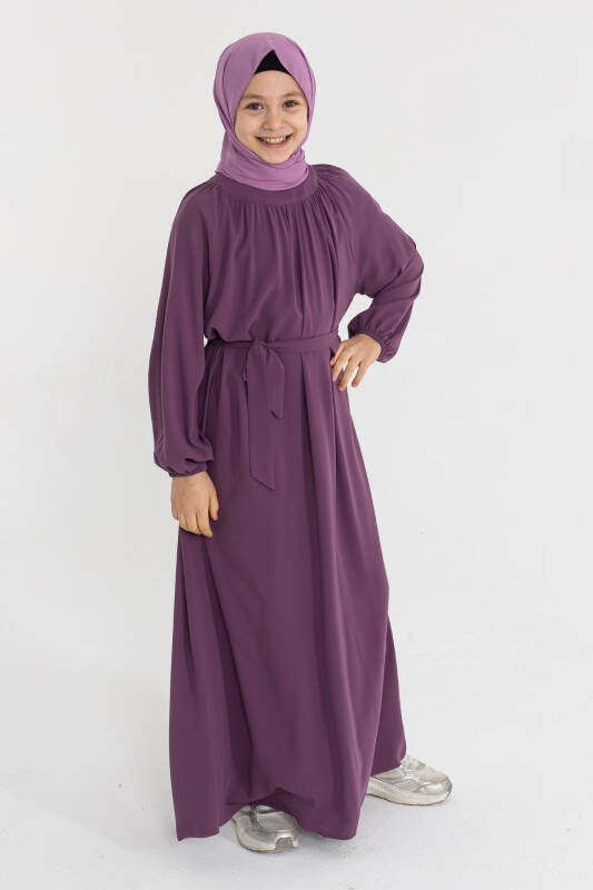 Reglan Kol Büzgülü Çocuk Elbise- gül kurusu - 6